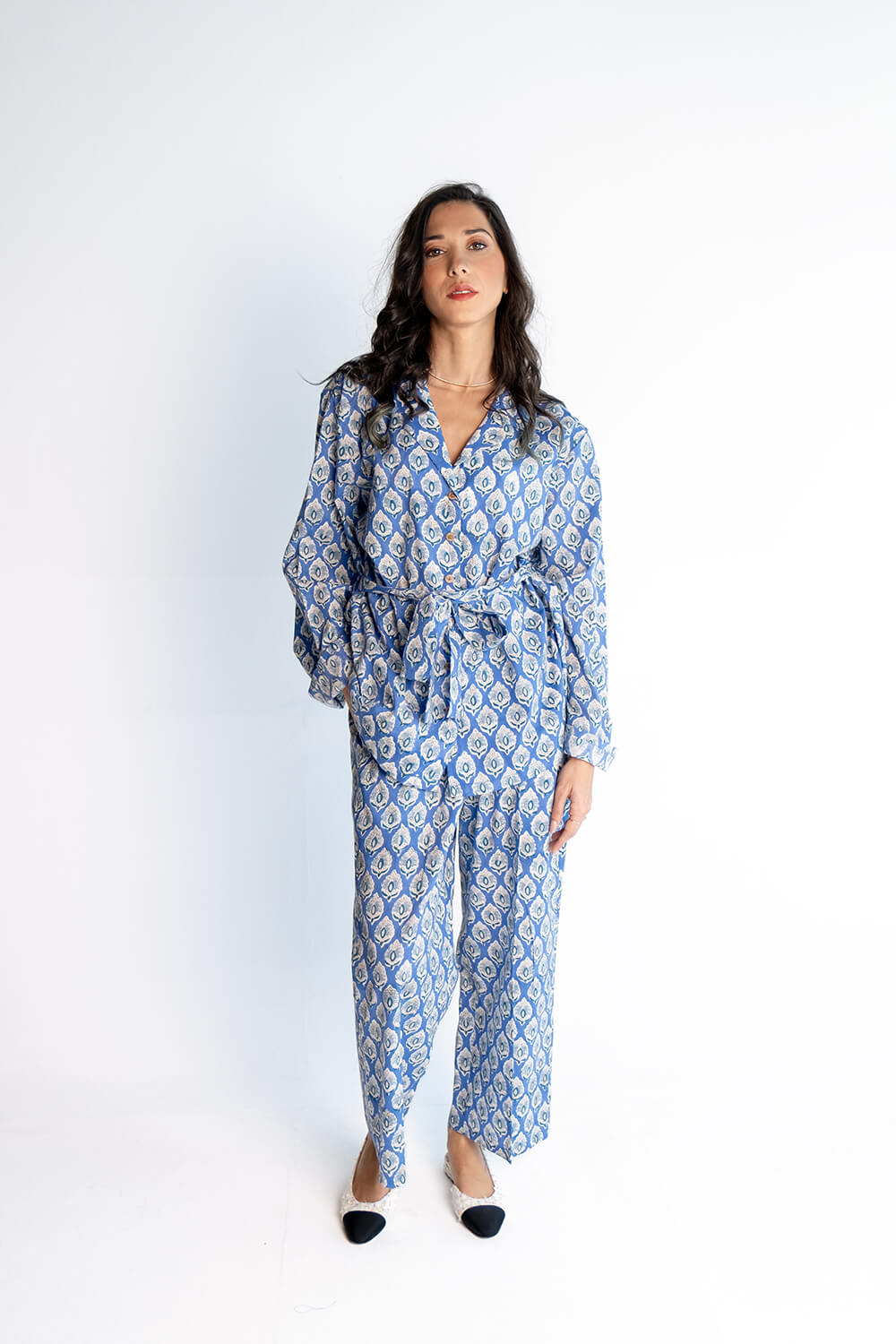 Blue Tie Top Block Print Set